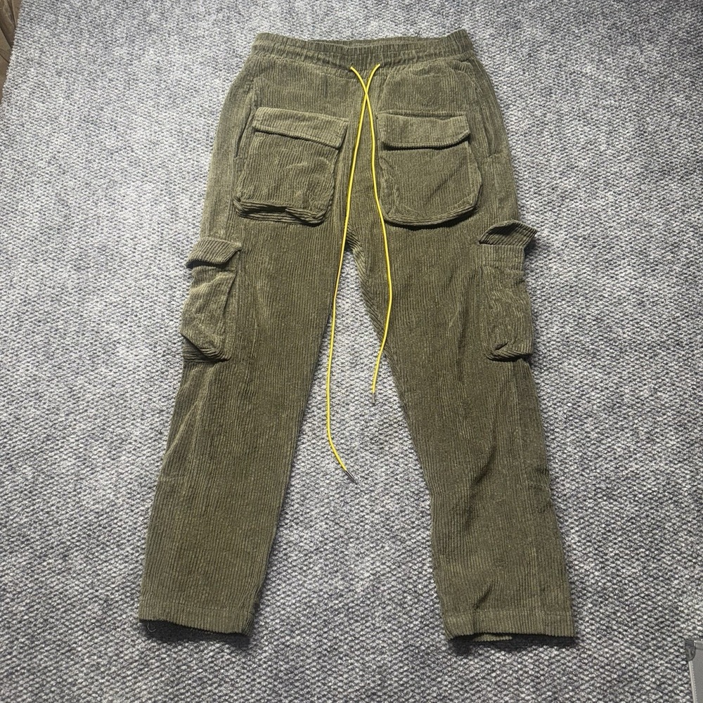 MNML LA Pants Mens M Green  Corduroy Utility Cargo Gorpcore Snap Leg Drawstring